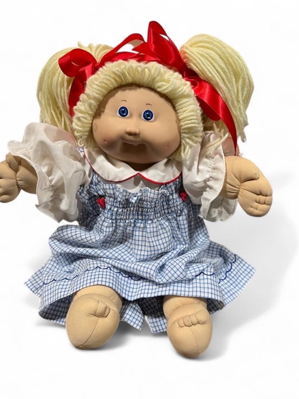 Vintage ‘85 Blonde Cabbage Patch Kids Doll with Blue Dress and Red Bows